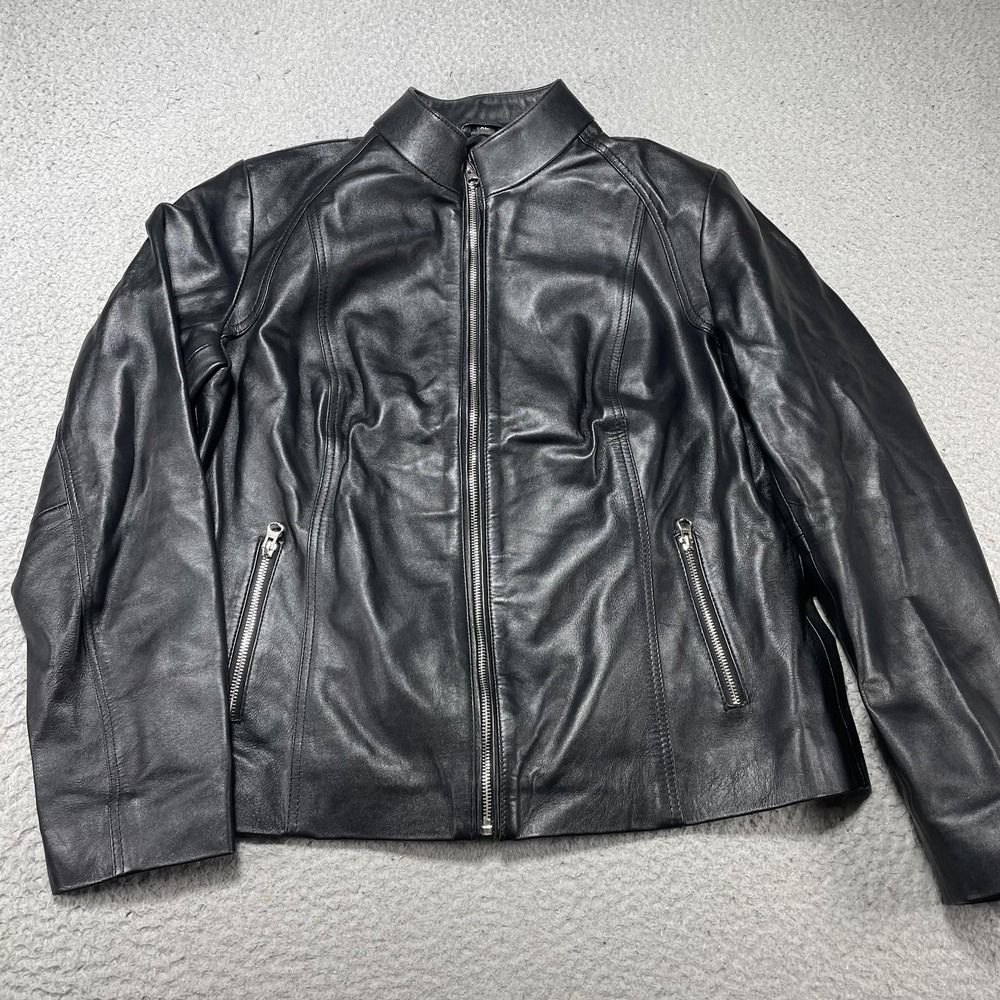 Jacket Womens XL Black Real Leather Zip Pockets Stand Collar‎ Moto Style Short